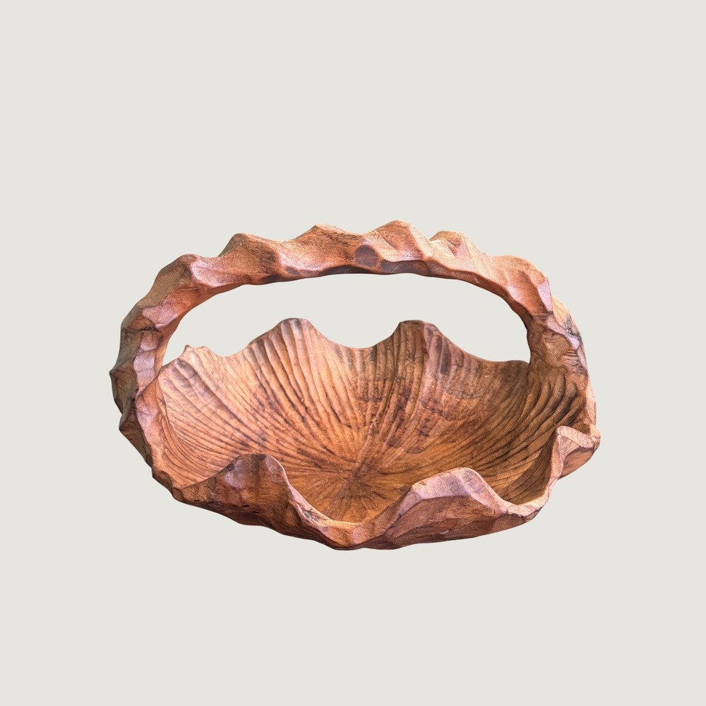 Hand Carved Live Edge Wood Basket Decorative Fruit Bowl with Handle Rustic Boho